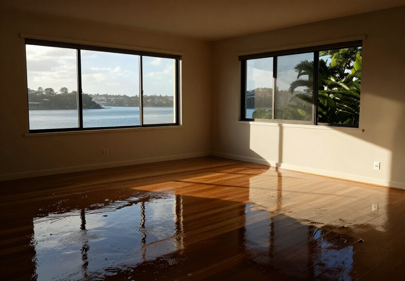 Flooded living room in a Summer Hill terrace home with waterlogged carpet and furniture